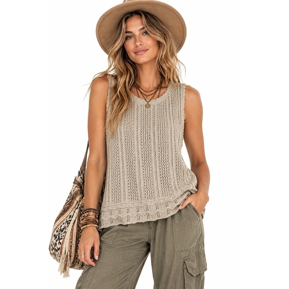 Kirundo Crochet Knit Tank Top Vest XL Beige Knit Festival Boho Whimsigoth Fairy